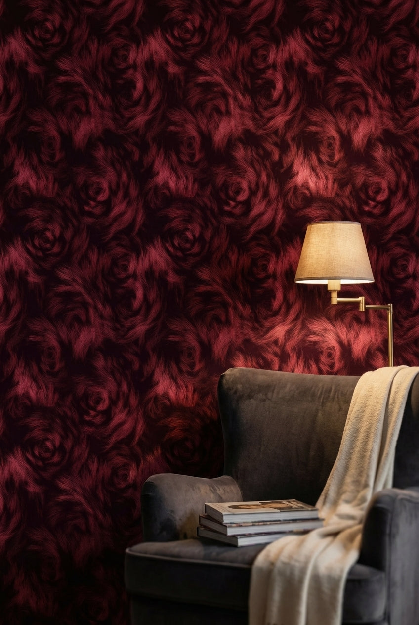 Bordo Gül Desenli Duvar Kağıdı Koyu Romantik Salon