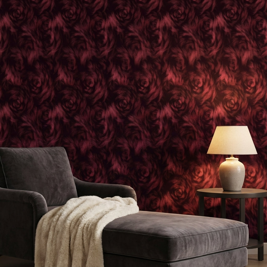 Bordo Gül Desenli Duvar Kağıdı Koyu Romantik Salon