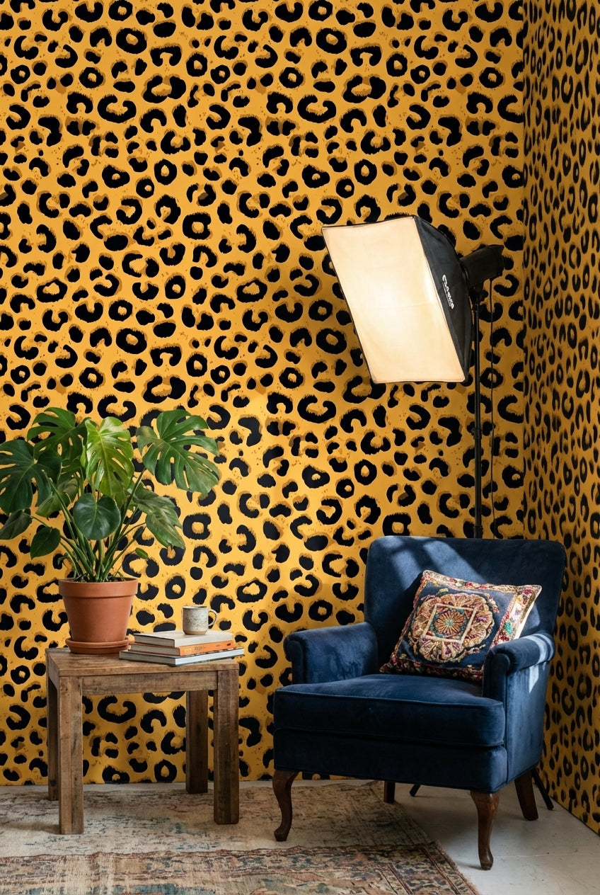 Leopar Desenli Duvar Kağıdı Sarı Siyah Modern Salon