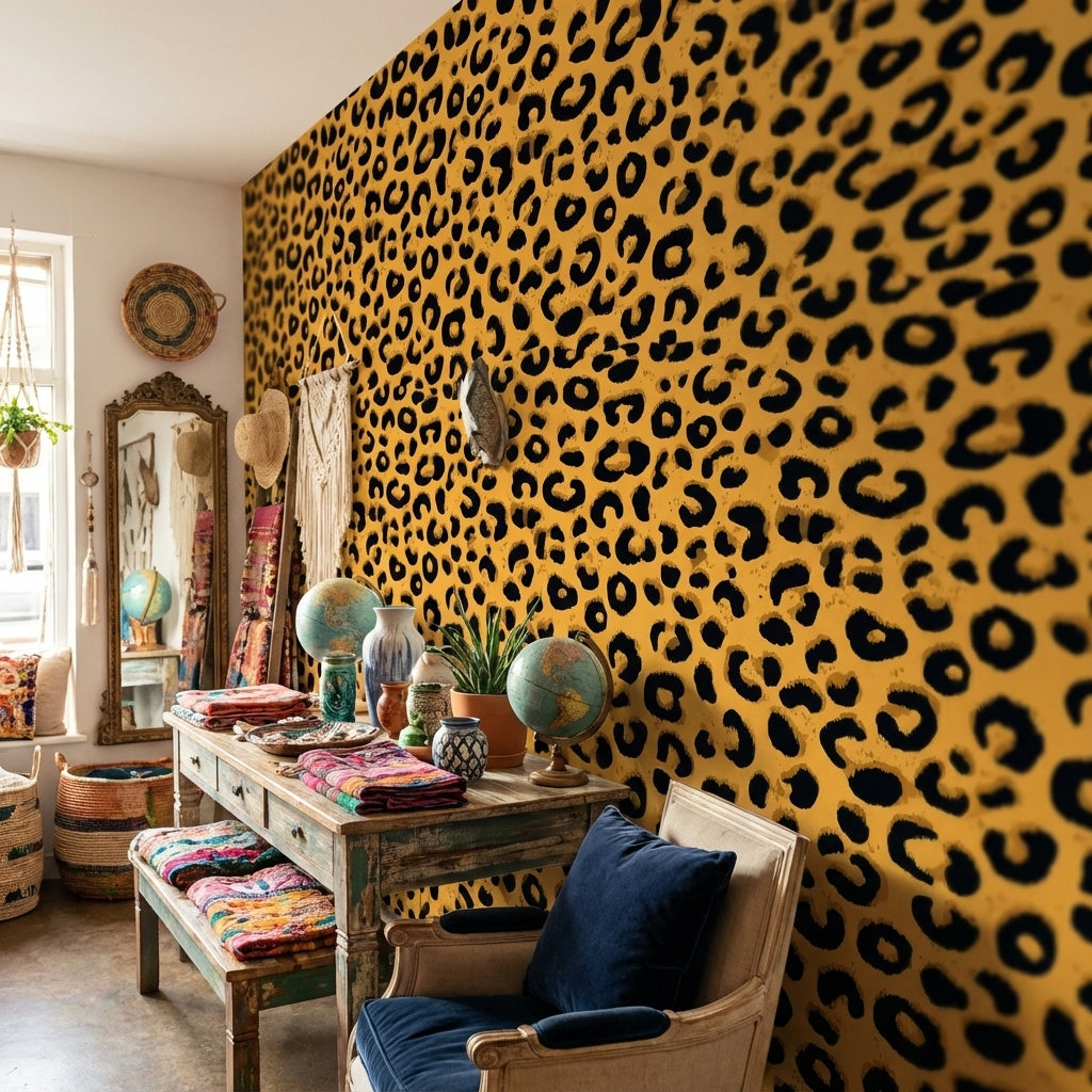 Leopar Desenli Duvar Kağıdı Sarı Siyah Modern Salon