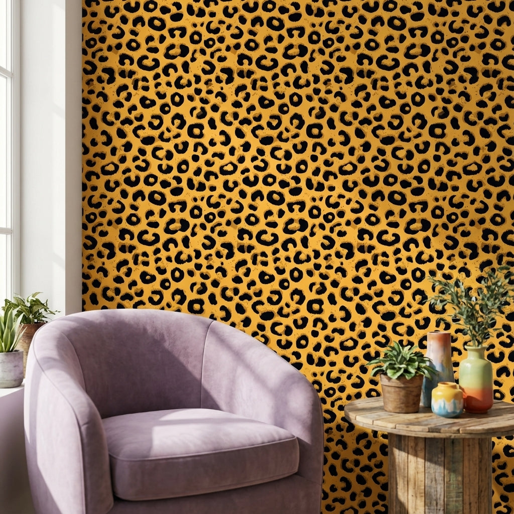 Leopar Desenli Duvar Kağıdı Sarı Siyah Modern Salon