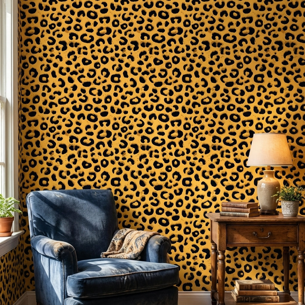 Leopar Desenli Duvar Kağıdı Sarı Siyah Modern Salon