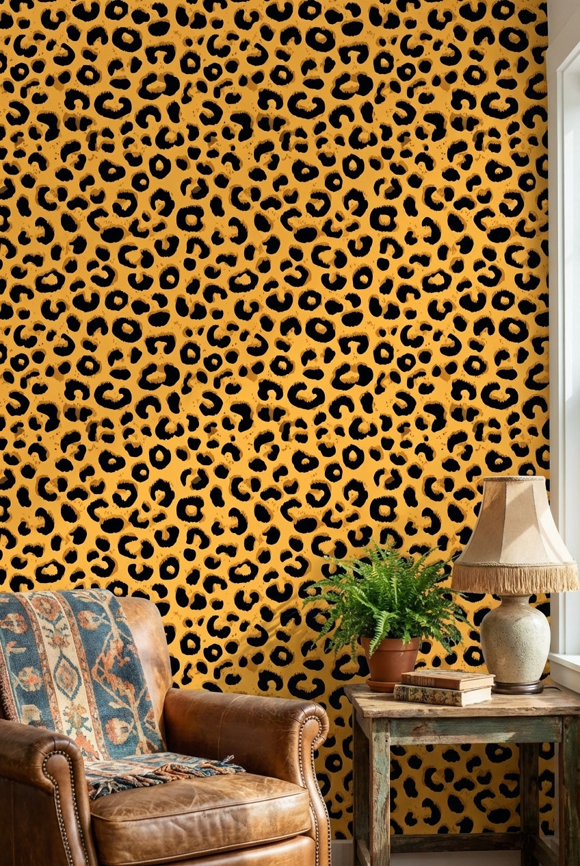 Leopar Desenli Duvar Kağıdı Sarı Siyah Modern Salon