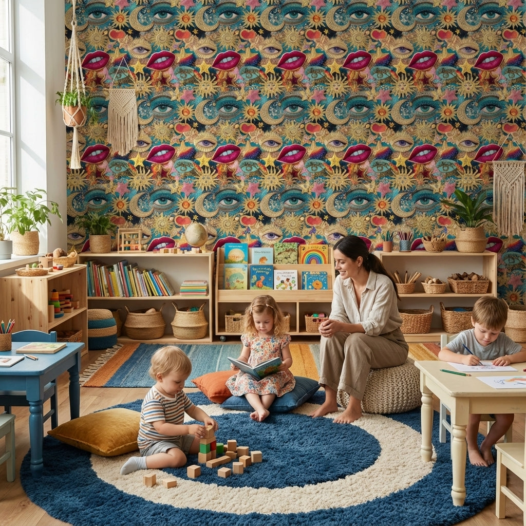 Gökyüzü Sembollü Duvar Kağıdı Altın Detaylı Mavi Desen