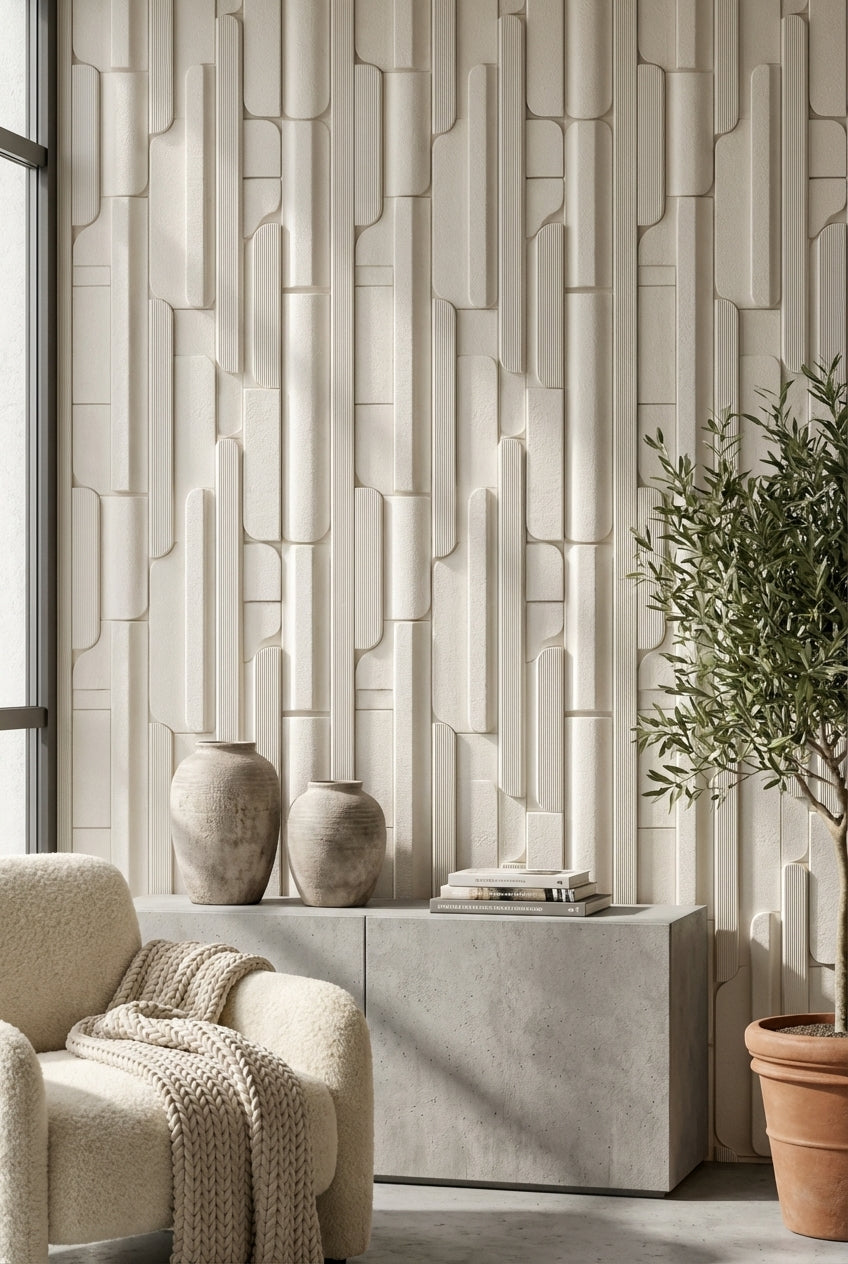 Modern Geometrik Duvar Kağıdı Krem Bej 3D Görünümlü Desen