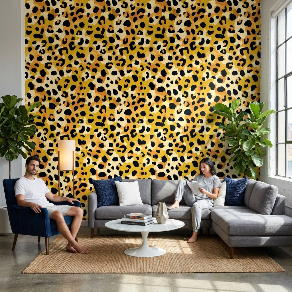 Leopar Desenli Duvar Kağıdı Hardal Sarı Modern Salon