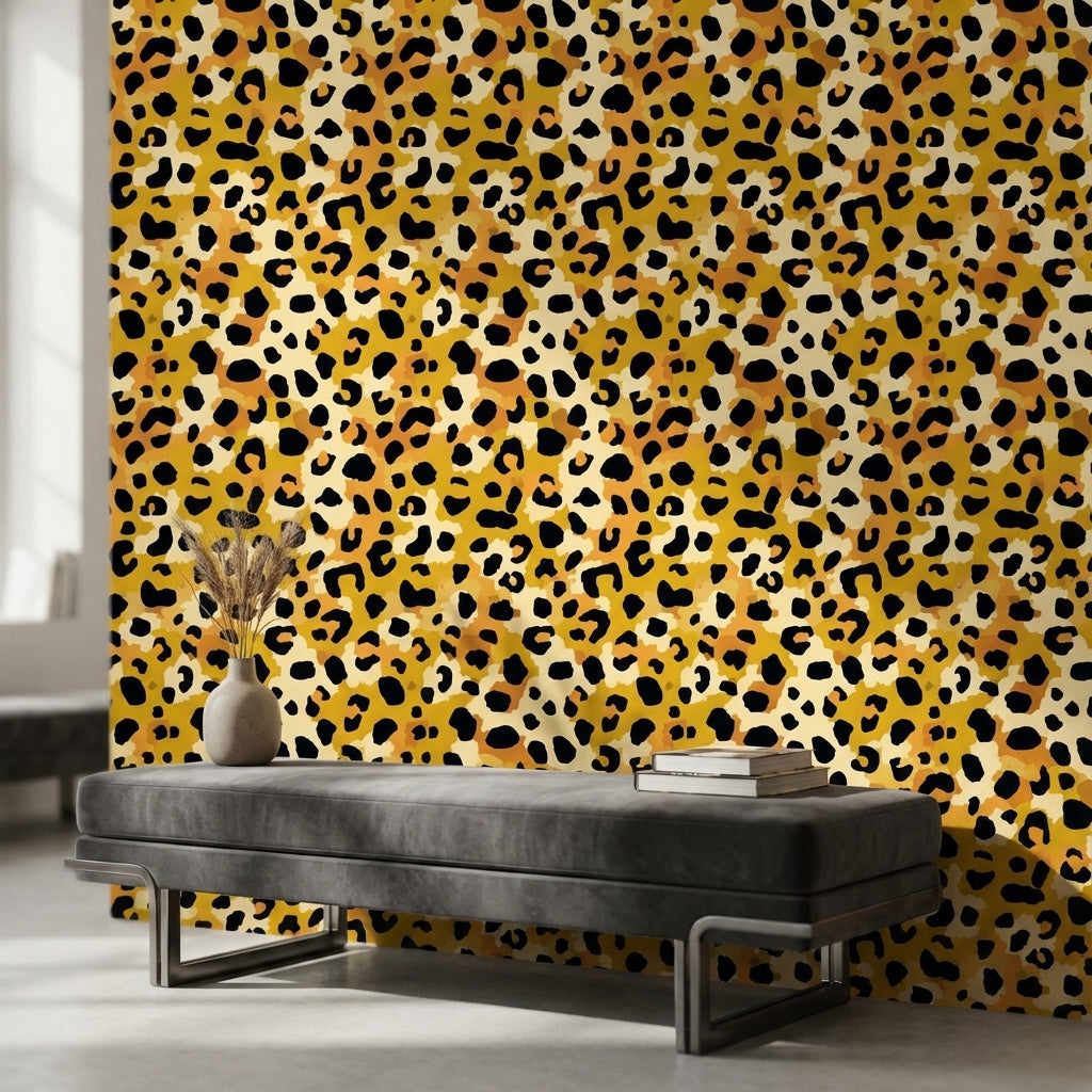 Leopar Desenli Duvar Kağıdı Hardal Sarı Modern Salon