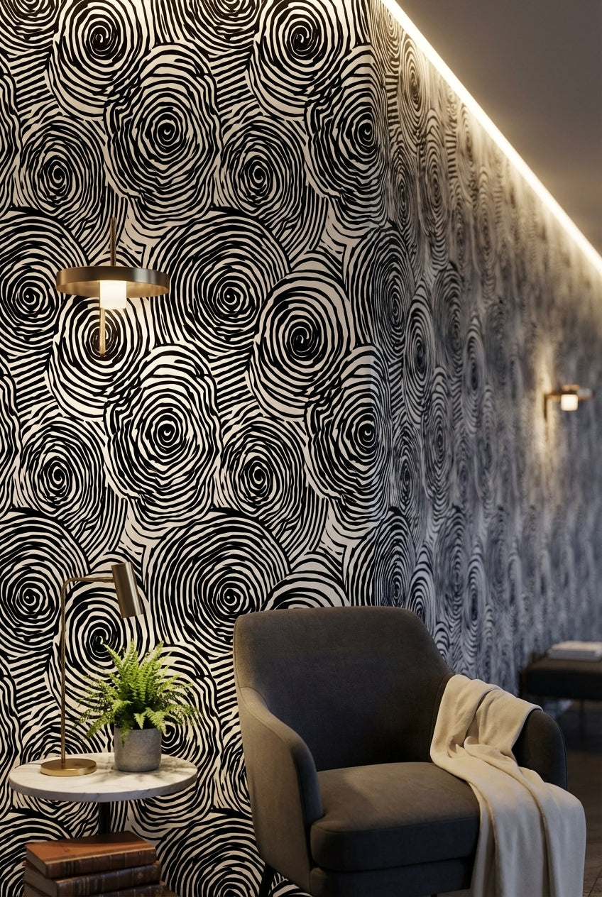 Siyah Beyaz Spiral Desenli Duvar Kağıdı Modern Salon