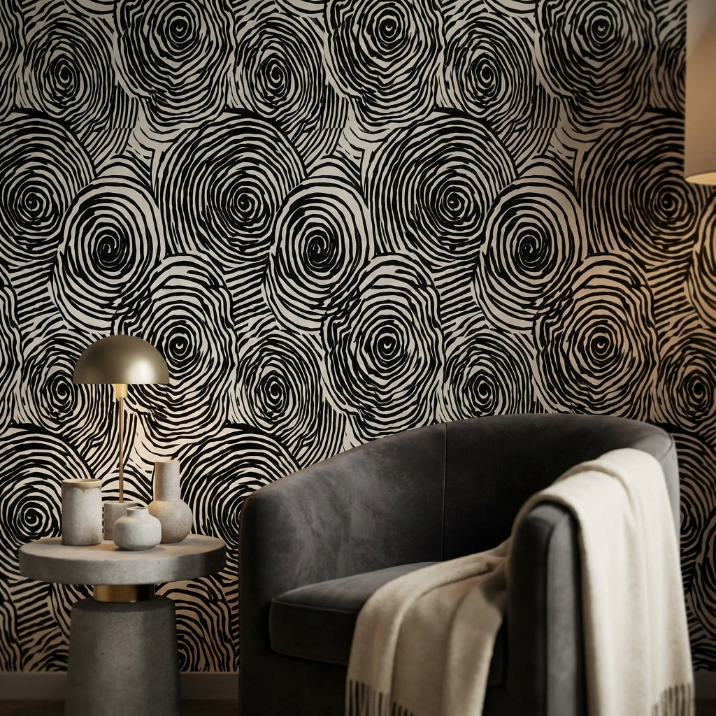 Siyah Beyaz Spiral Desenli Duvar Kağıdı Modern Salon