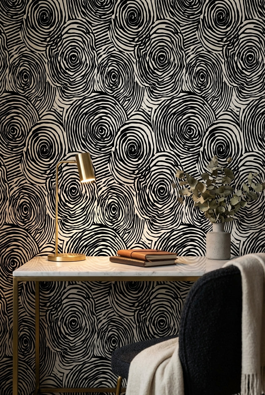 Siyah Beyaz Spiral Desenli Duvar Kağıdı Modern Salon