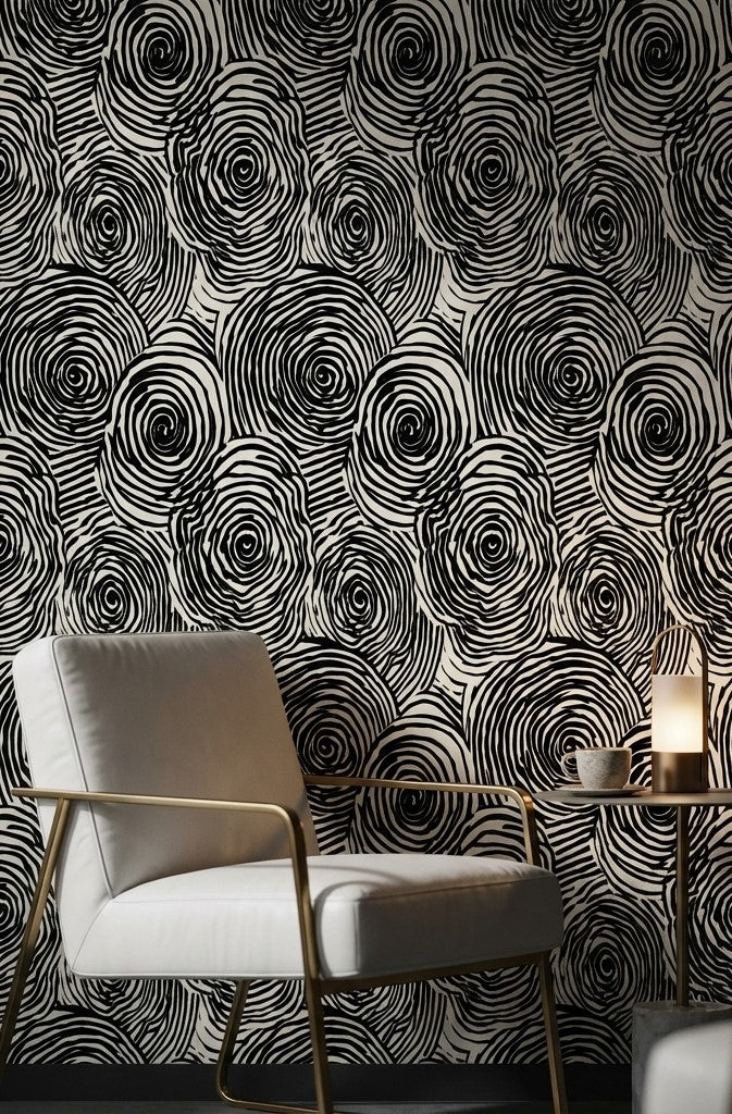 Siyah Beyaz Spiral Desenli Duvar Kağıdı Modern Salon