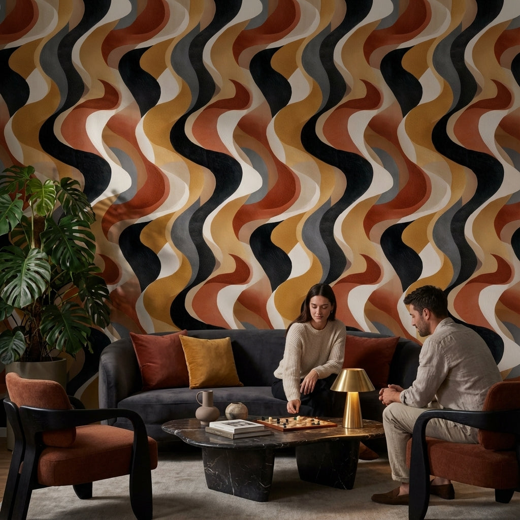 Dalgalı Geometrik Duvar Kağıdı Siyah Hardal Salon Dekoru