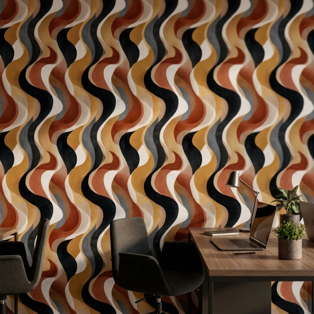 Dalgalı Geometrik Duvar Kağıdı Siyah Hardal Salon Dekoru