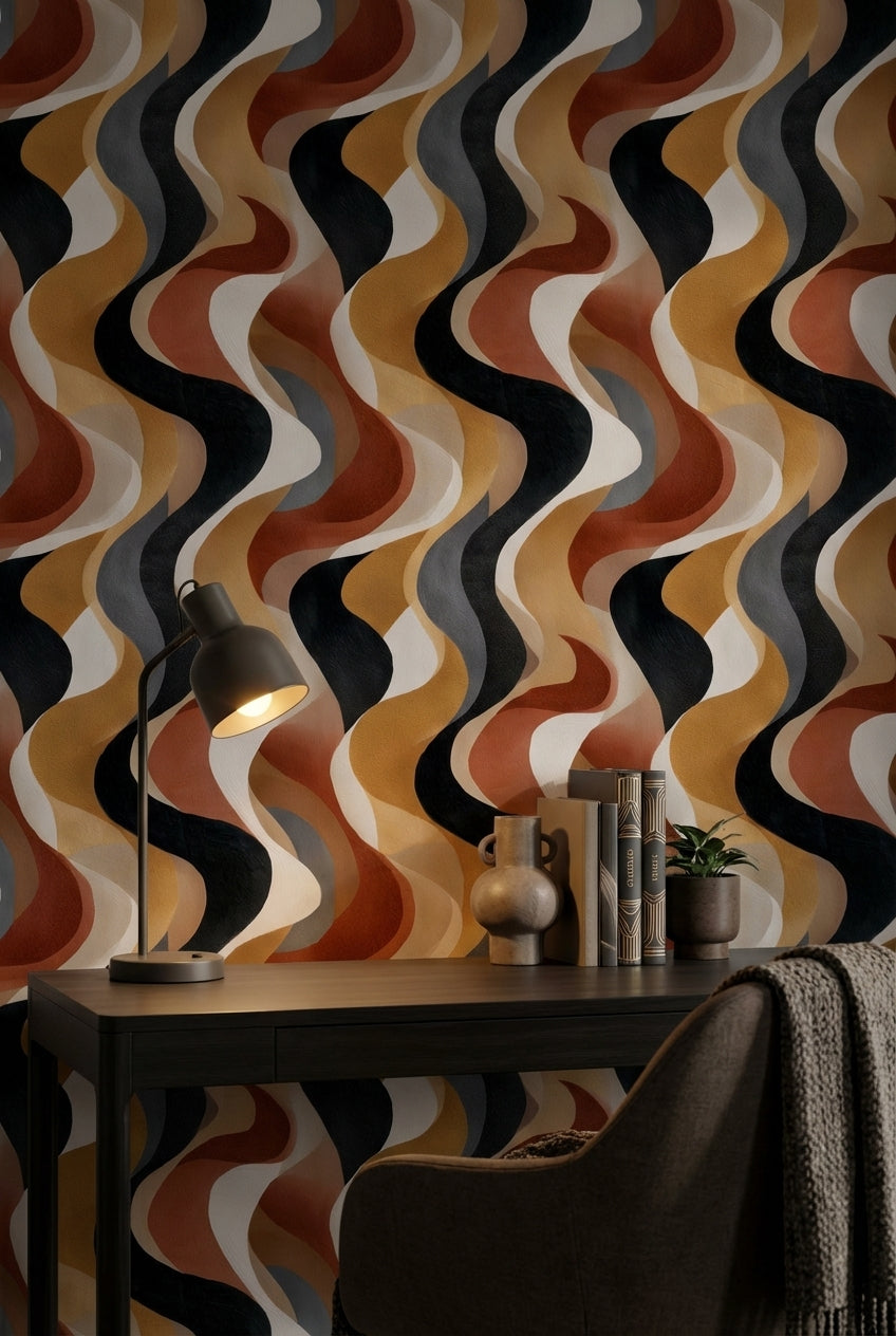 Dalgalı Geometrik Duvar Kağıdı Siyah Hardal Salon Dekoru