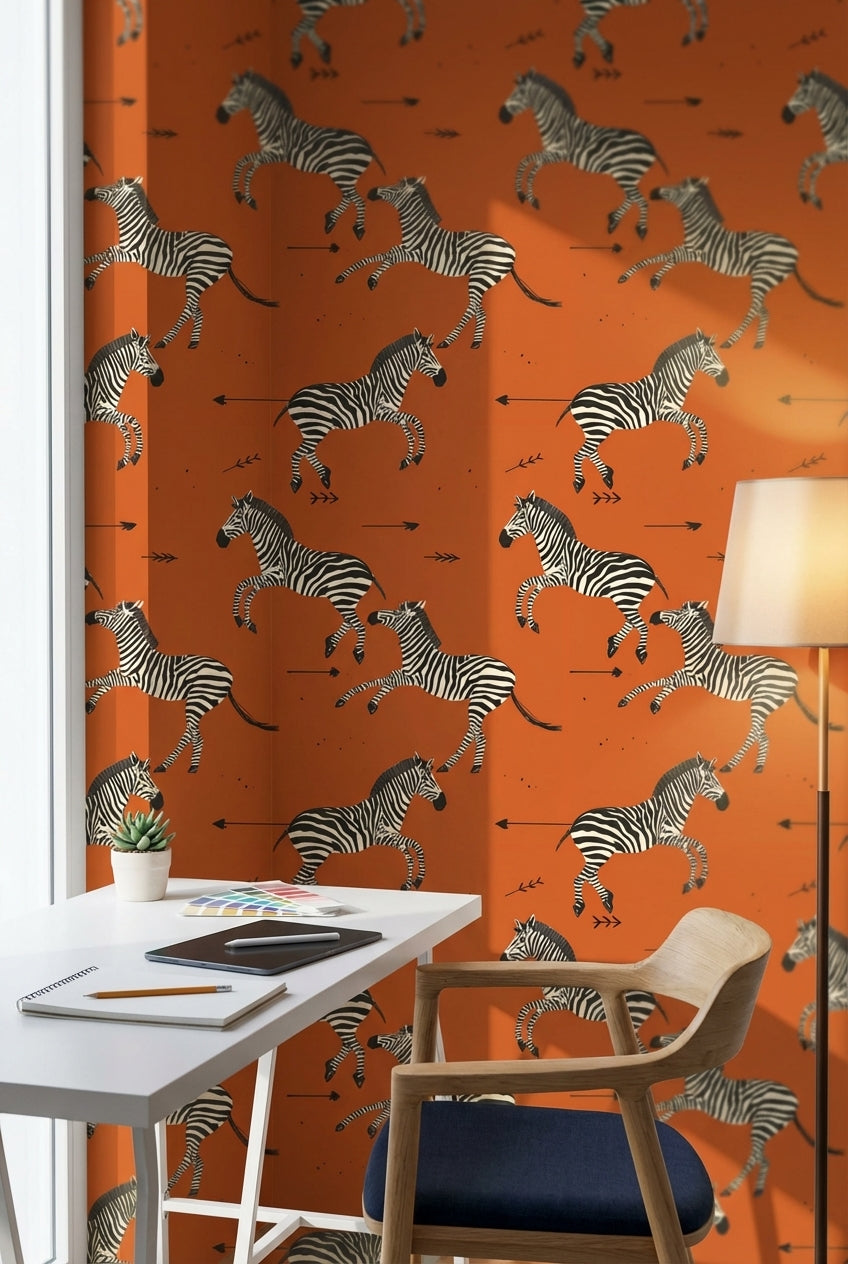 Zebra Desenli Duvar Kağıdı Turuncu Hayvanlı Salon Dekoru