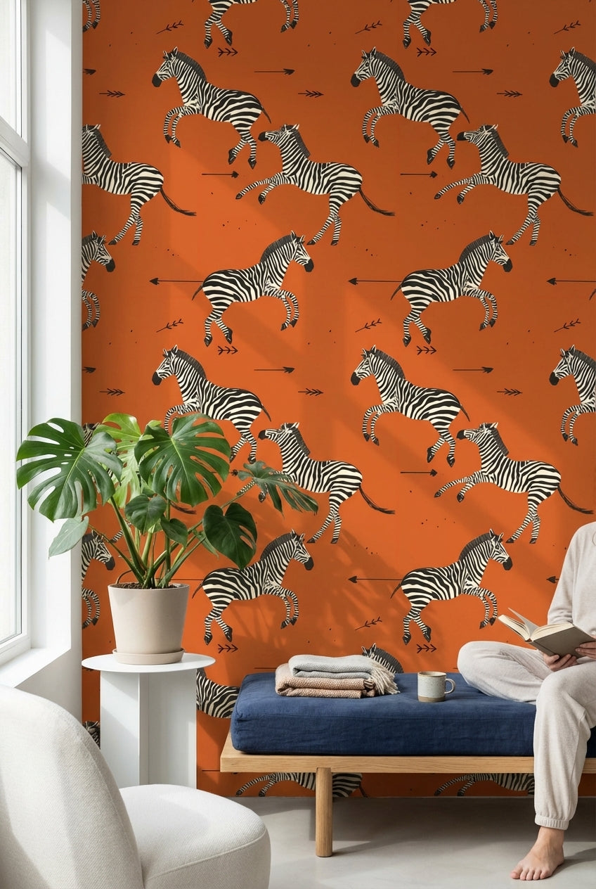 Zebra Desenli Duvar Kağıdı Turuncu Hayvanlı Salon Dekoru