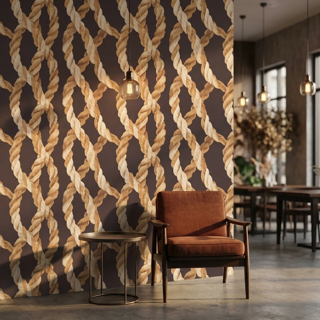 Halat Örgü Desenli Duvar Kağıdı Kahverengi Modern Salon