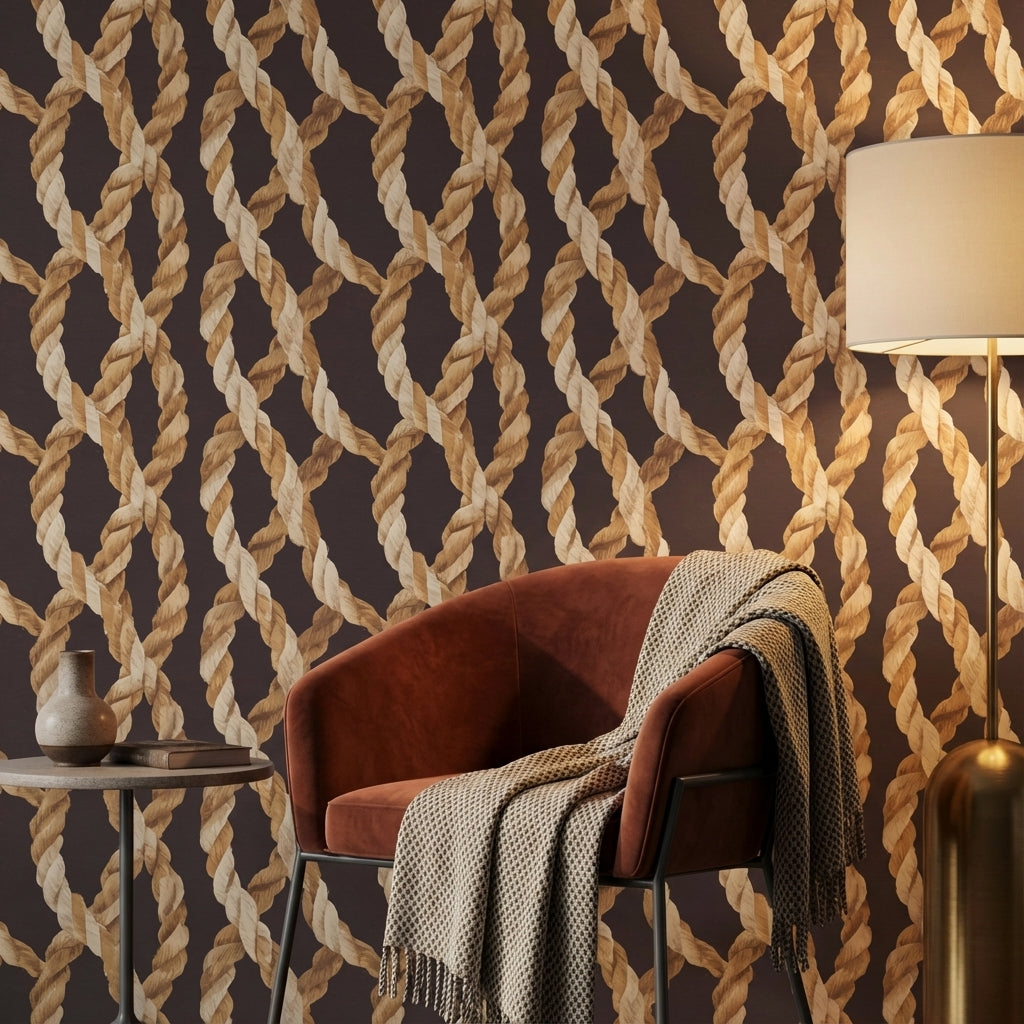 Halat Örgü Desenli Duvar Kağıdı Kahverengi Modern Salon