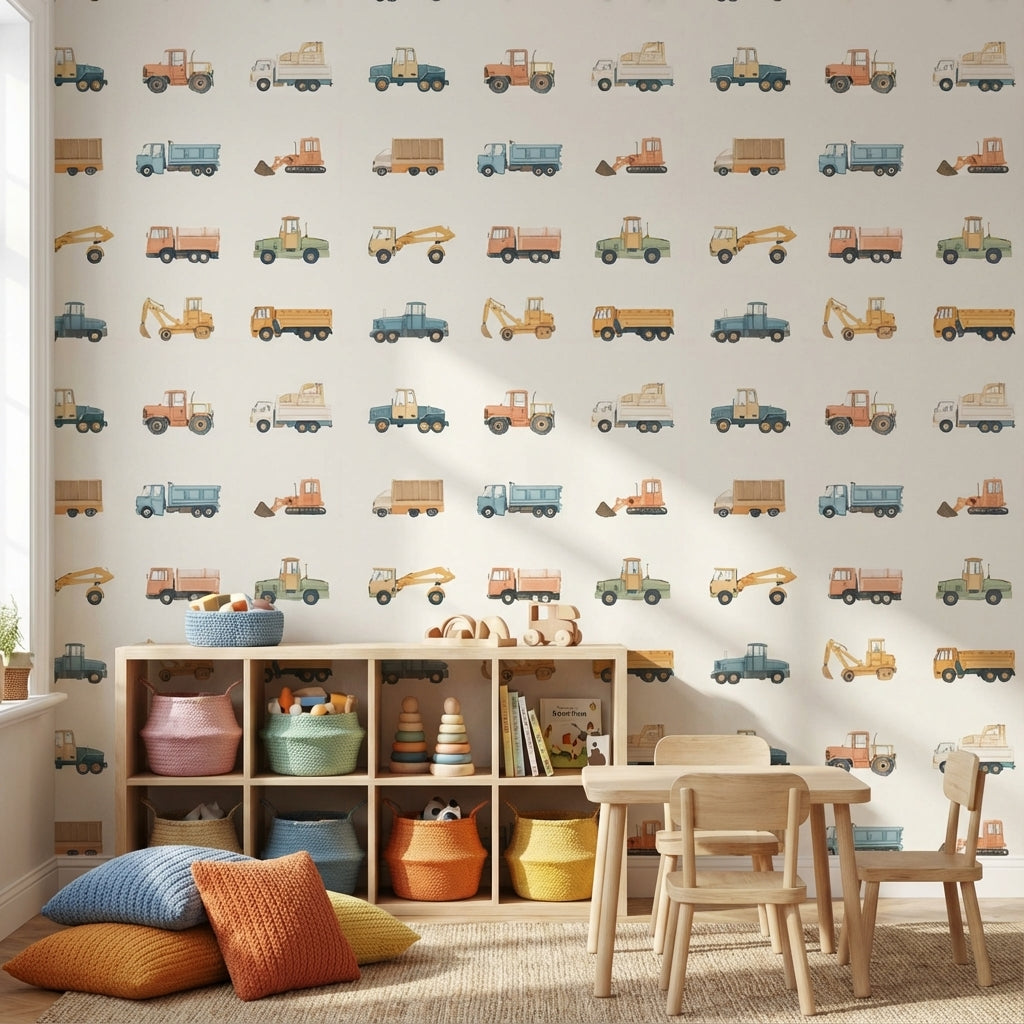 İnşaat Araçları Desenli Duvar Kağıdı Çocuk Odası Pastel