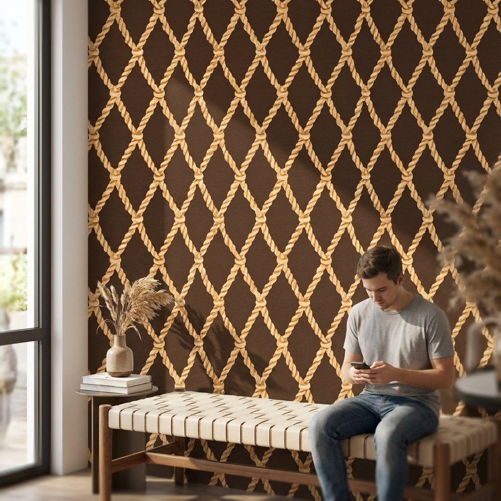 Halat Örgü Desenli Duvar Kağıdı Kahverengi Bej Salon