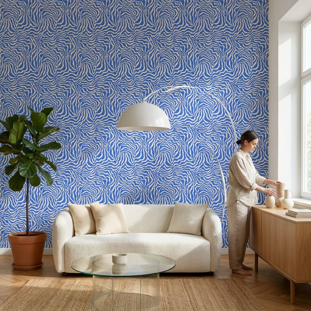Mavi Beyaz Dalgalı Soyut Duvar Kağıdı Modern Salon
