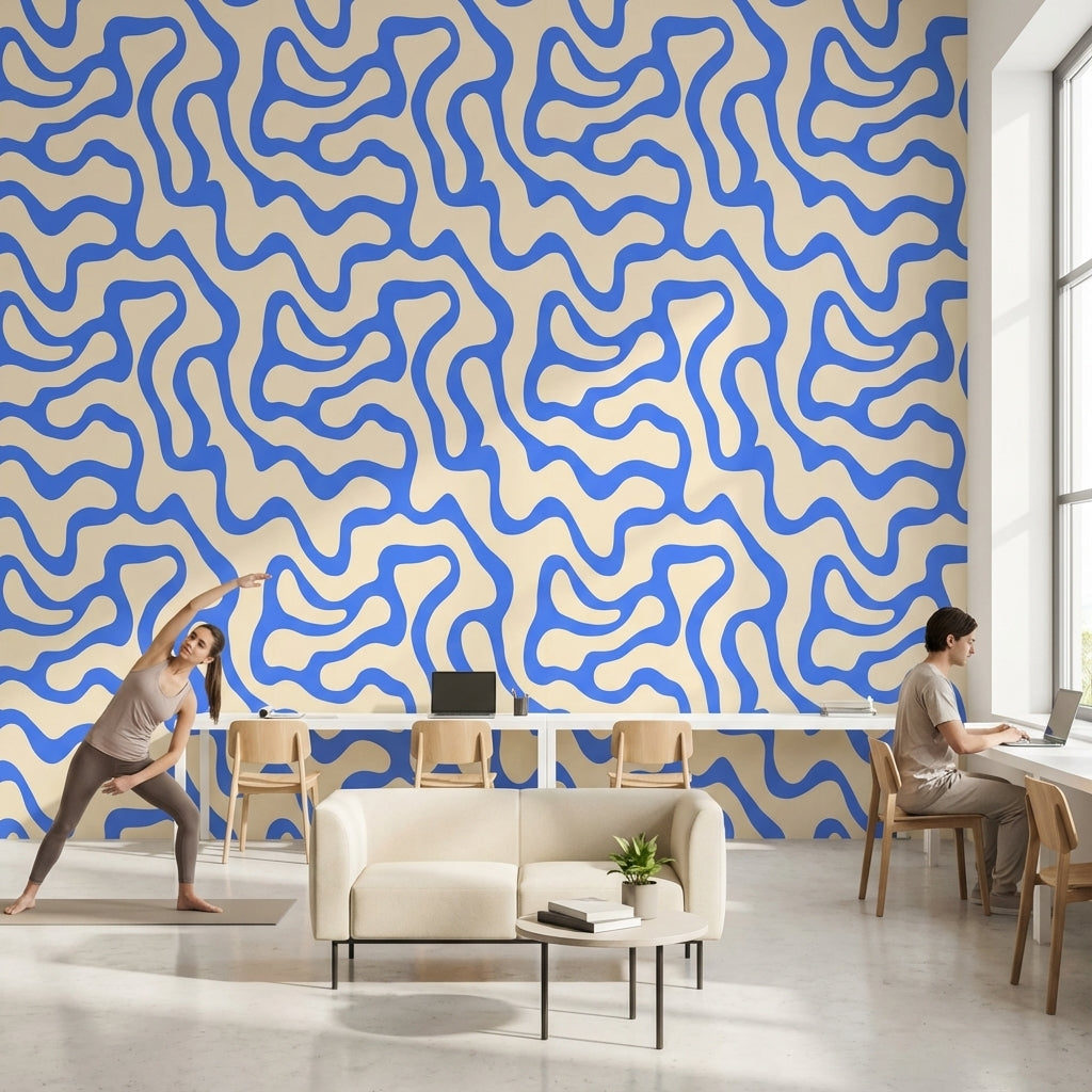 Mavi Soyut Dalgalı Duvar Kağıdı Modern Salon Desenli