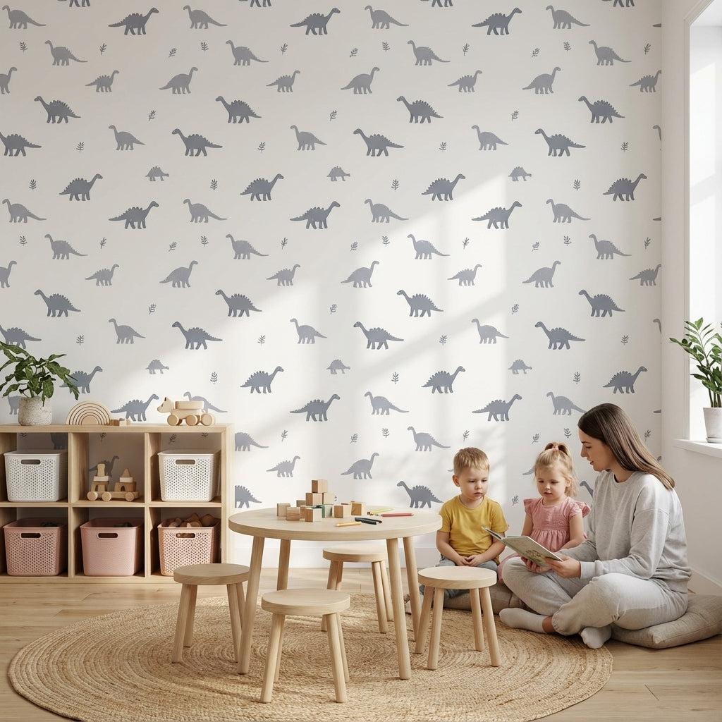 Gri Dinozor Desenli Duvar Kağıdı Çocuk Odası Minimal