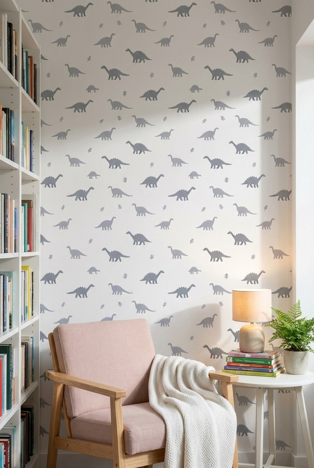 Gri Dinozor Desenli Duvar Kağıdı Çocuk Odası Minimal