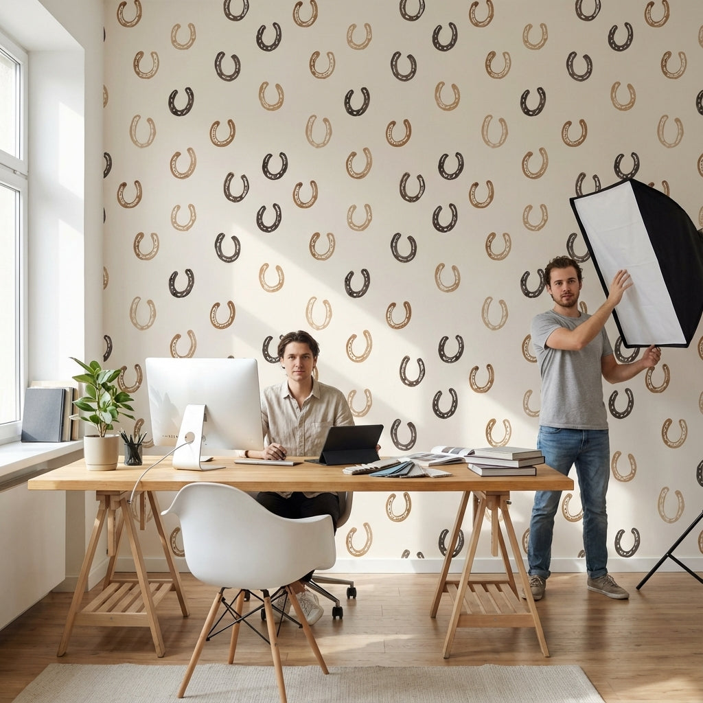 At Nalı Desenli Duvar Kağıdı Bej Kahverengi Minimal Salon