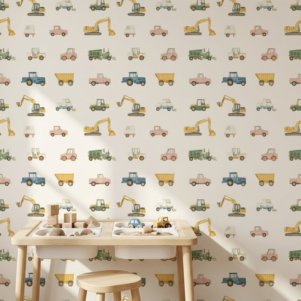 İş Makineleri Desenli Duvar Kağıdı Krem Çocuk Odası