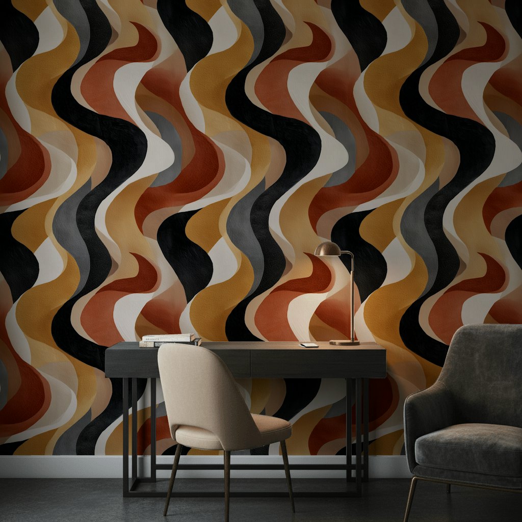 Dalgalı Geometrik Duvar Kağıdı Siyah Hardal Salon Dekoru