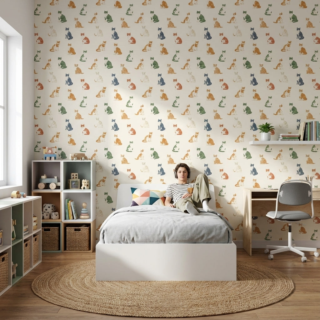 Kedili Duvar Kağıdı Renkli Minimal Desenli Çocuk Odası
