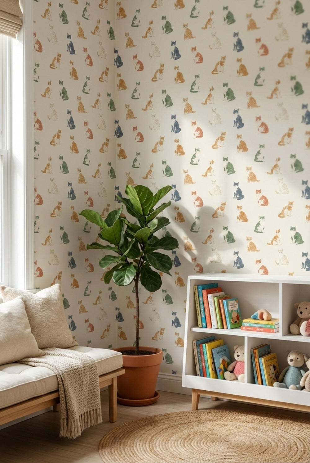 Kedili Duvar Kağıdı Renkli Minimal Desenli Çocuk Odası