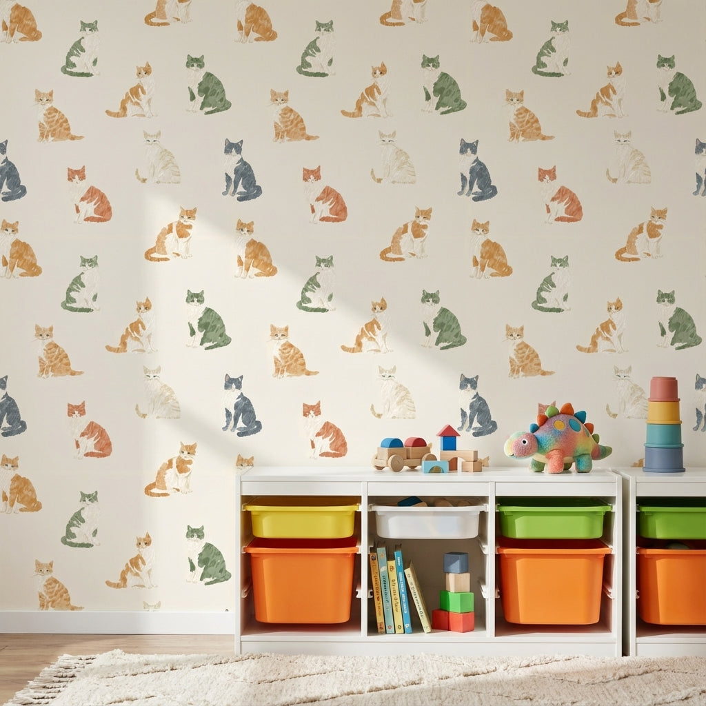 Kedili Duvar Kağıdı Renkli Minimal Desenli Çocuk Odası