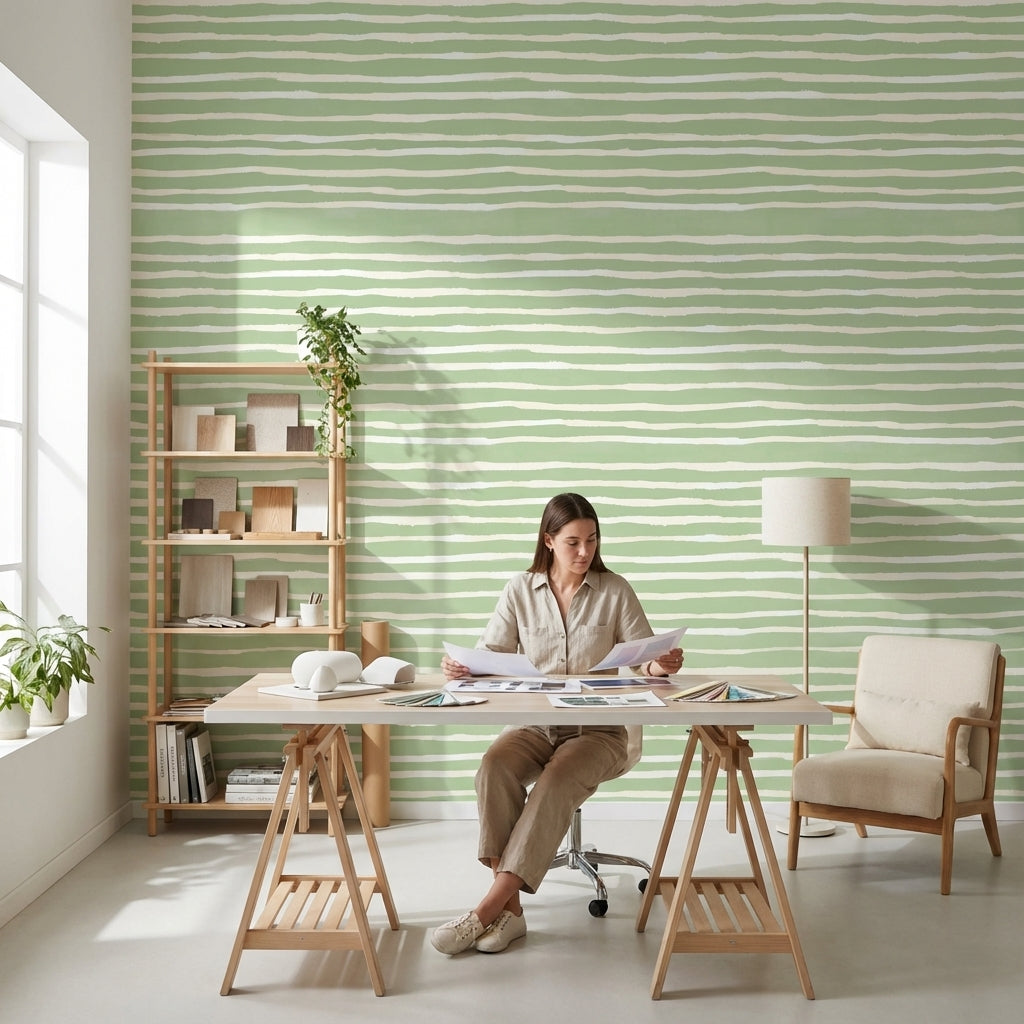 Yeşil Beyaz Çizgili Duvar Kağıdı Minimal Modern Salon
