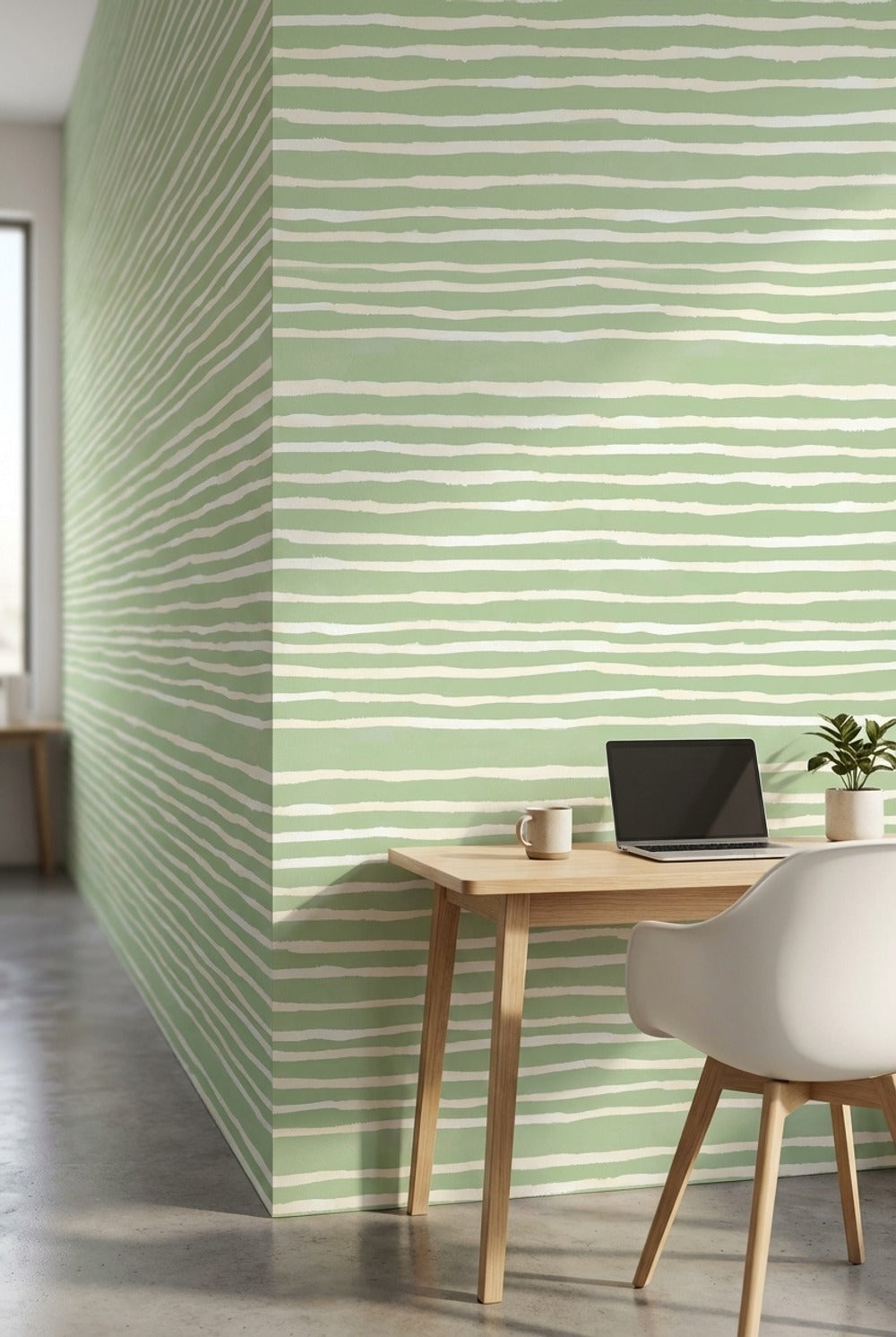 Yeşil Beyaz Çizgili Duvar Kağıdı Minimal Modern Salon