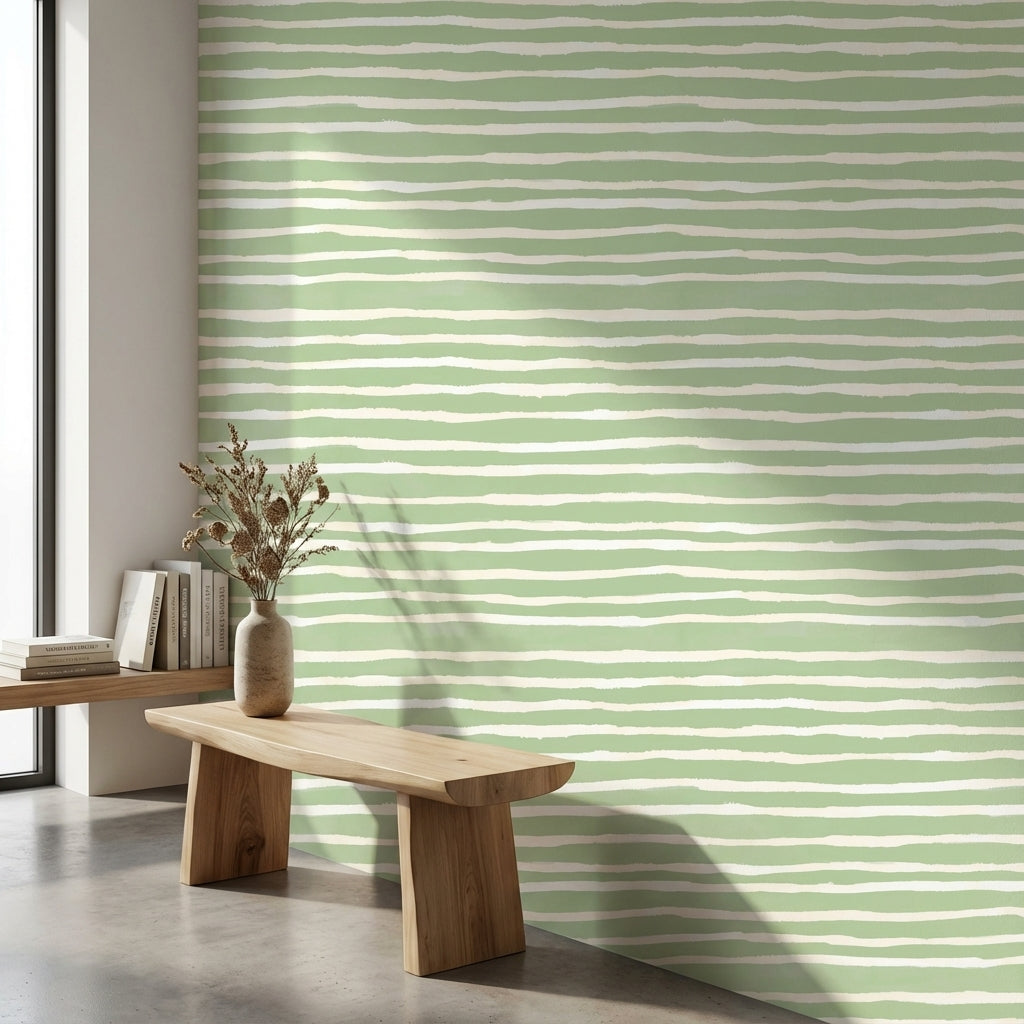 Yeşil Beyaz Çizgili Duvar Kağıdı Minimal Modern Salon