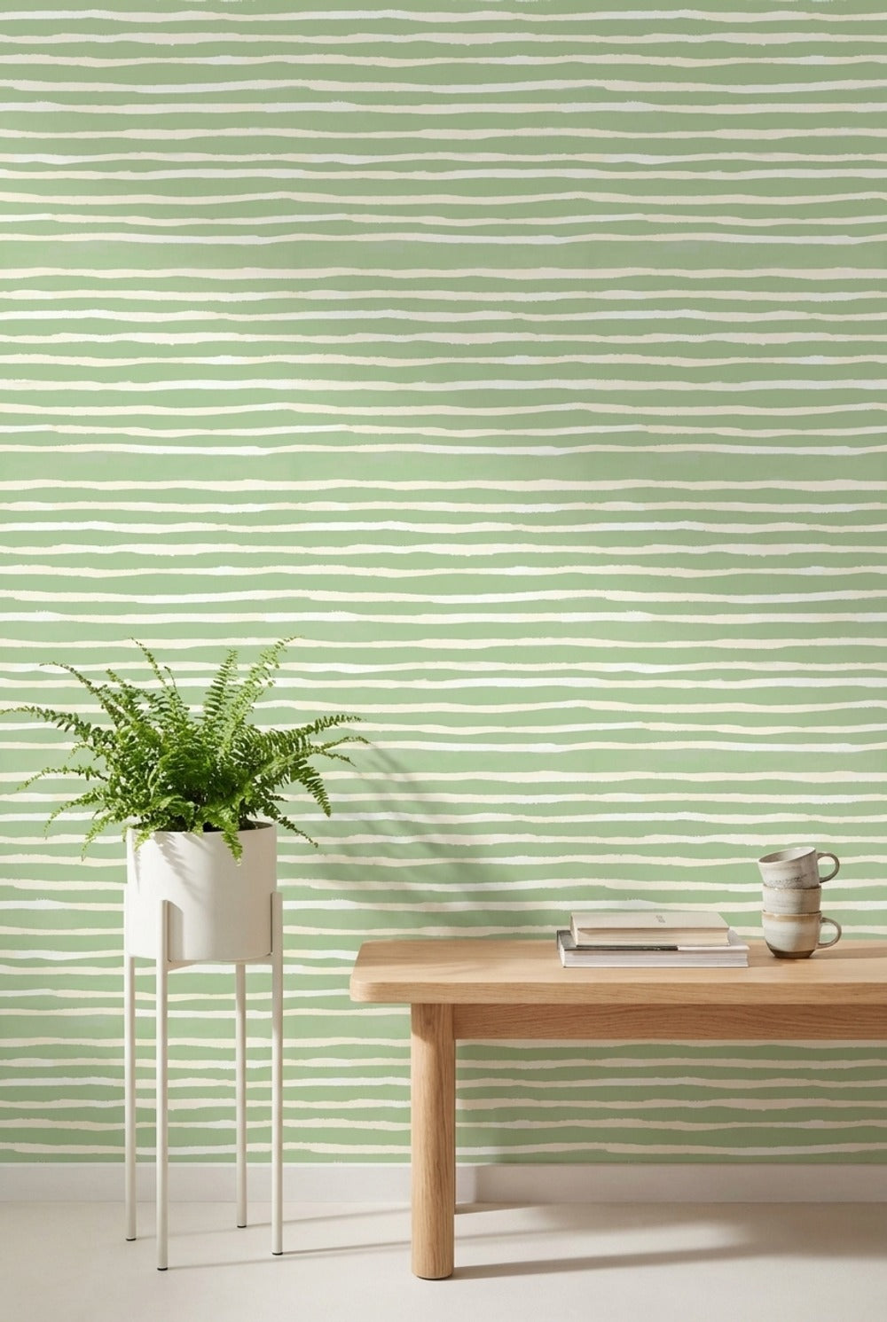 Yeşil Beyaz Çizgili Duvar Kağıdı Minimal Modern Salon