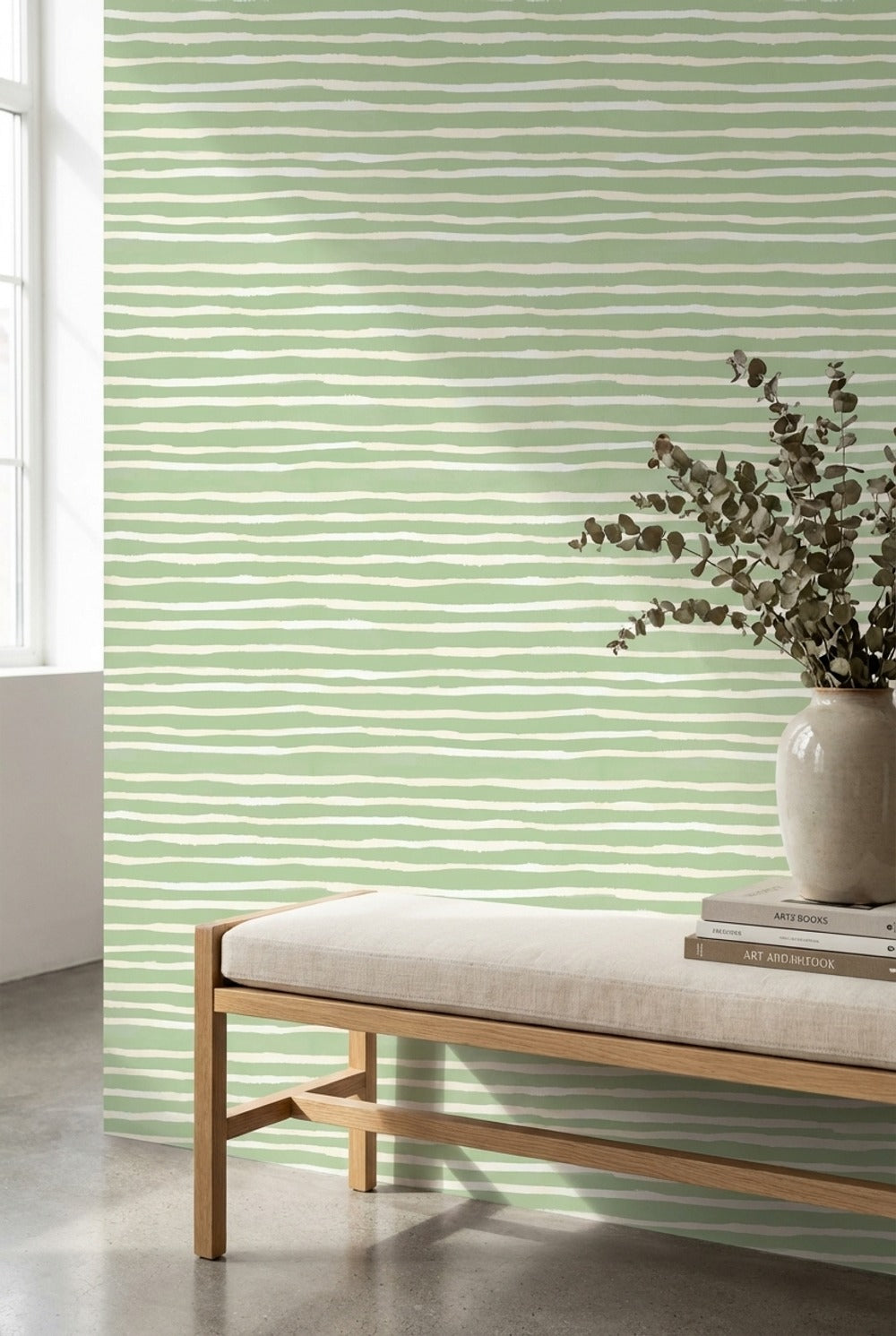 Yeşil Beyaz Çizgili Duvar Kağıdı Minimal Modern Salon