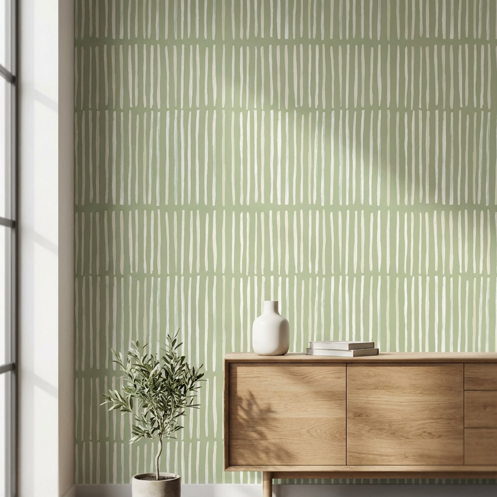 Yeşil Çizgili Geometrik Duvar Kağıdı Modern Çalışma Odası