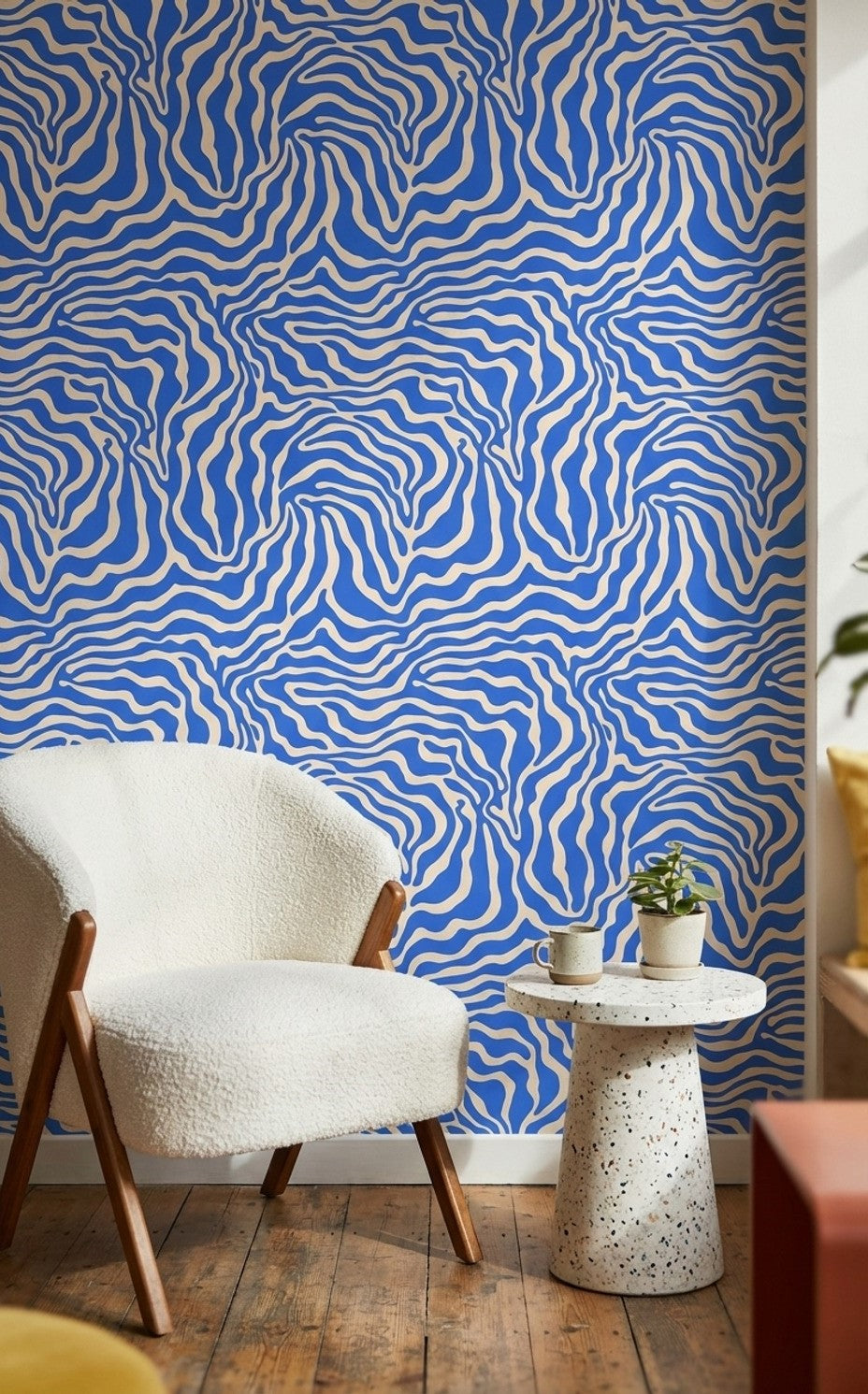 Mavi Beyaz Dalgalı Soyut Duvar Kağıdı Modern Salon