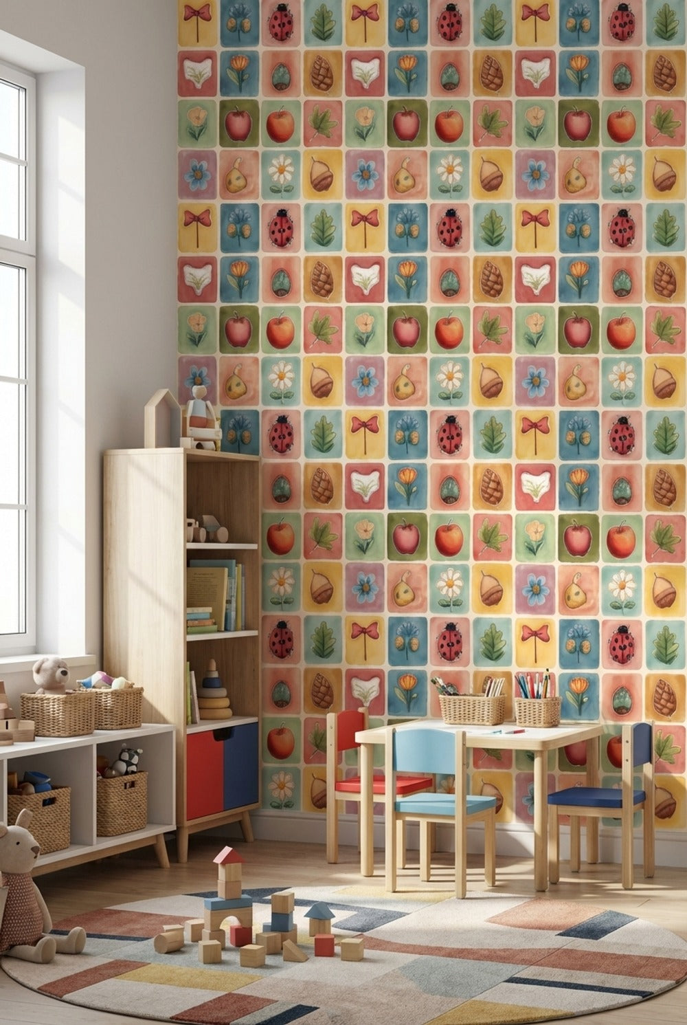 Pastel Kare Desenli Duvar Kağıdı Uğur Böceği Çocuk Odası