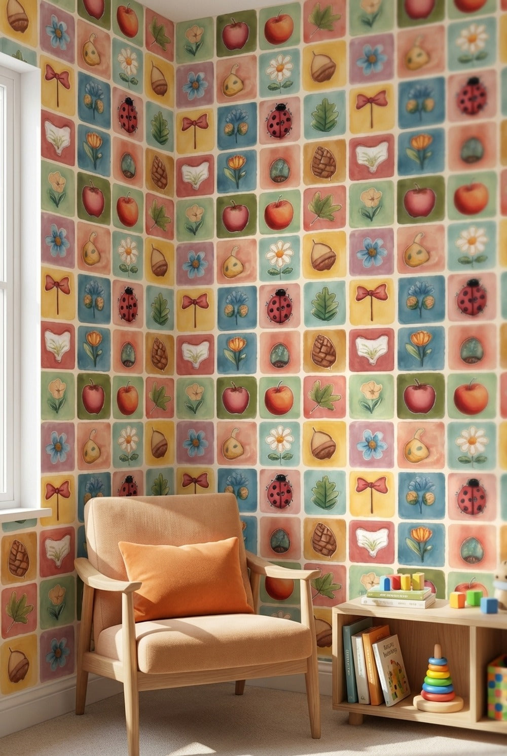 Pastel Kare Desenli Duvar Kağıdı Uğur Böceği Çocuk Odası
