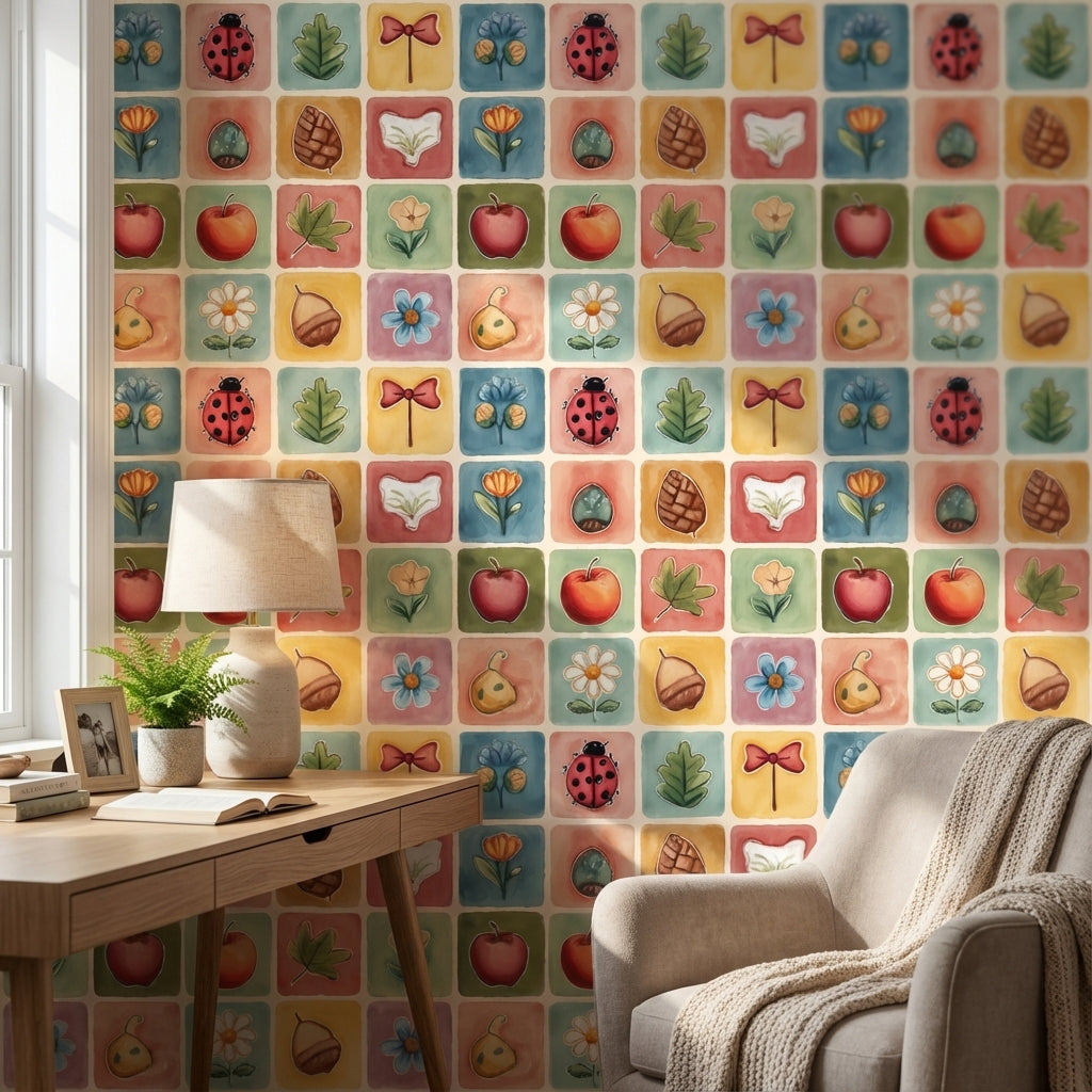 Pastel Kare Desenli Duvar Kağıdı Uğur Böceği Çocuk Odası