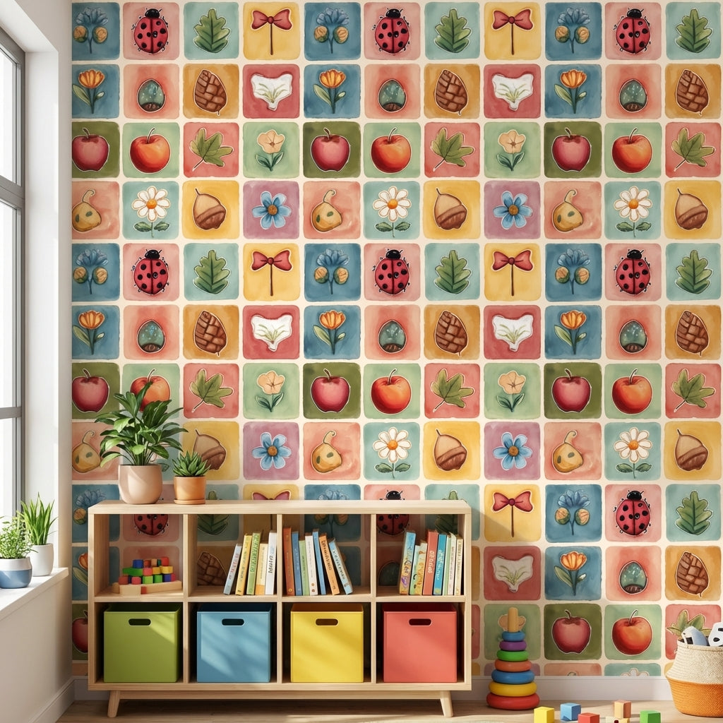 Pastel Kare Desenli Duvar Kağıdı Uğur Böceği Çocuk Odası