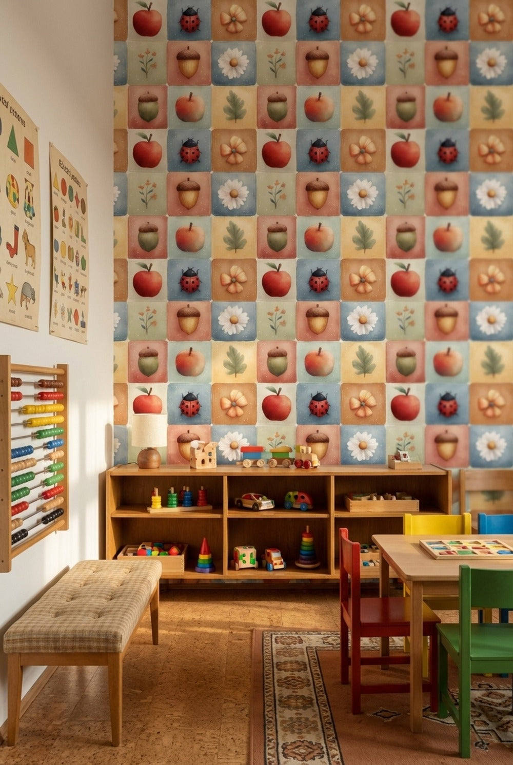 Elma ve Uğur Böcekli Duvar Kağıdı Pastel Kare Desen