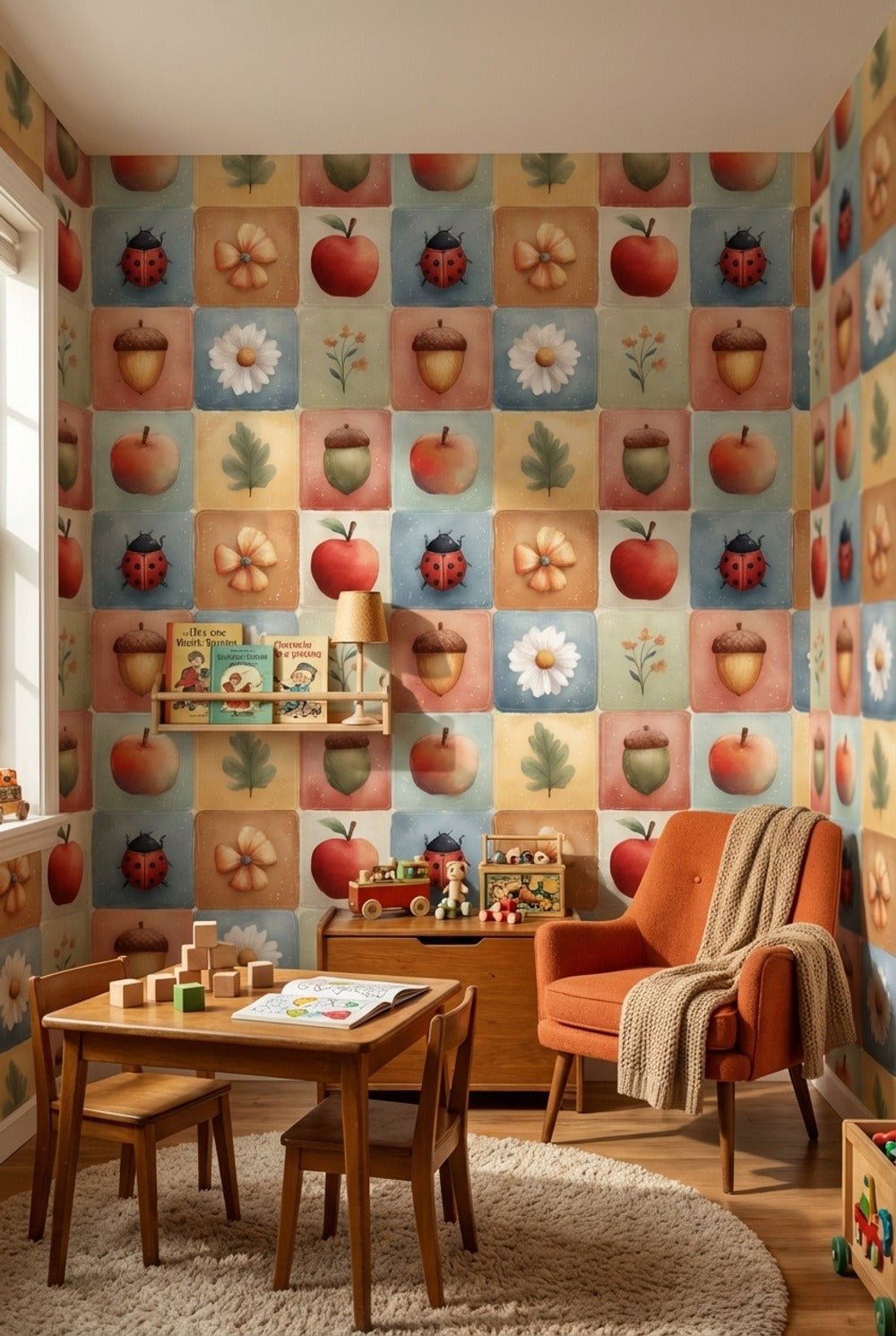 Elma ve Uğur Böcekli Duvar Kağıdı Pastel Kare Desen