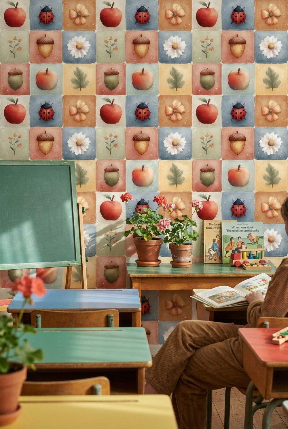Elma ve Uğur Böcekli Duvar Kağıdı Pastel Kare Desen