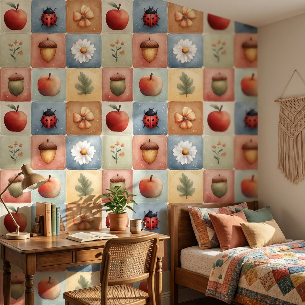 Elma ve Uğur Böcekli Duvar Kağıdı Pastel Kare Desen