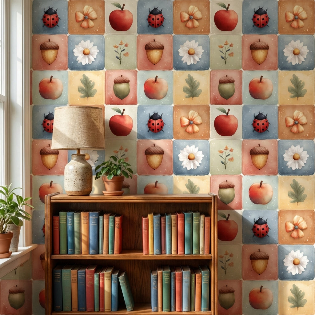 Elma ve Uğur Böcekli Duvar Kağıdı Pastel Kare Desen